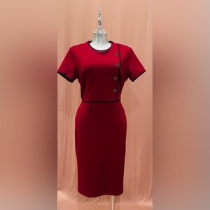 Elegant Red Pencil Dress with Black Trim